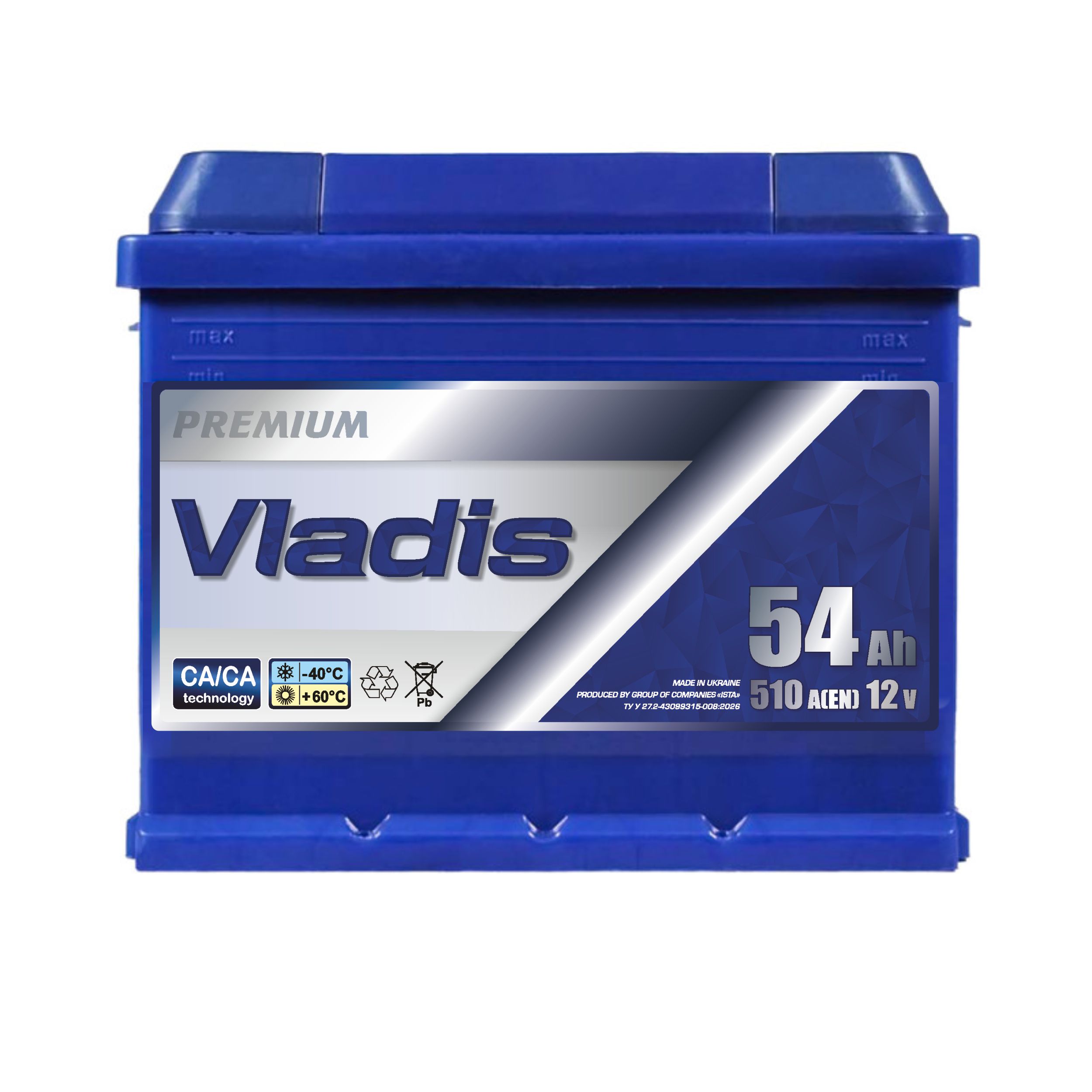 Акумулятор VLADIS PREMIUM 6СТ - 54Аh, 510A, плюс зліва (L+), 207x175x190мм